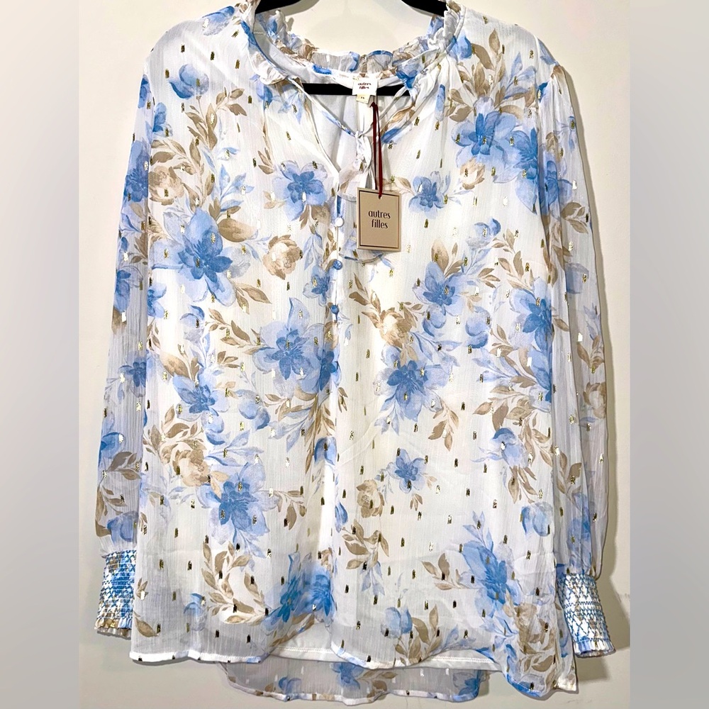 NWT AUTRES FILLES White and Blue Whimsical Blouse